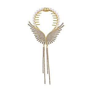 Simulated Pearl, Austrian Crystal Angel Wing Sparkle Hair Accessory in Goldtone