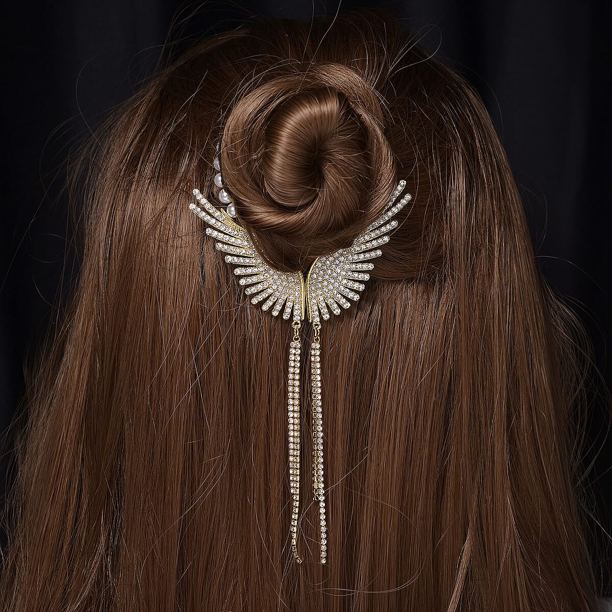 Simulated Pearl, Austrian Crystal Angel Wing Sparkle Hair Accessory in Goldtone image number 1