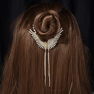 Simulated Pearl, Austrian Crystal Angel Wing Sparkle Hair Accessory in Goldtone