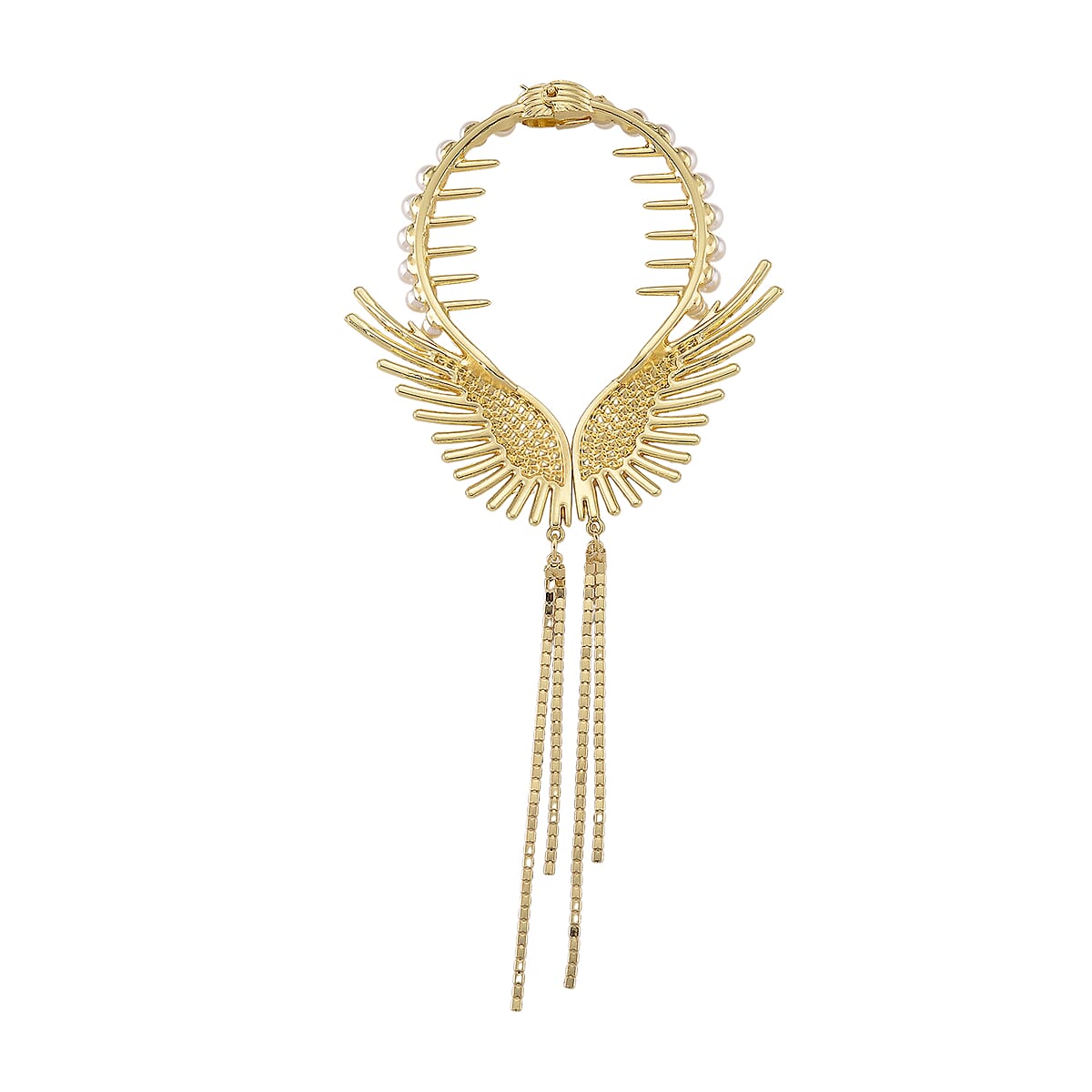 Simulated Pearl, Austrian Crystal Angel Wing Sparkle Hair Accessory in Goldtone image number 2