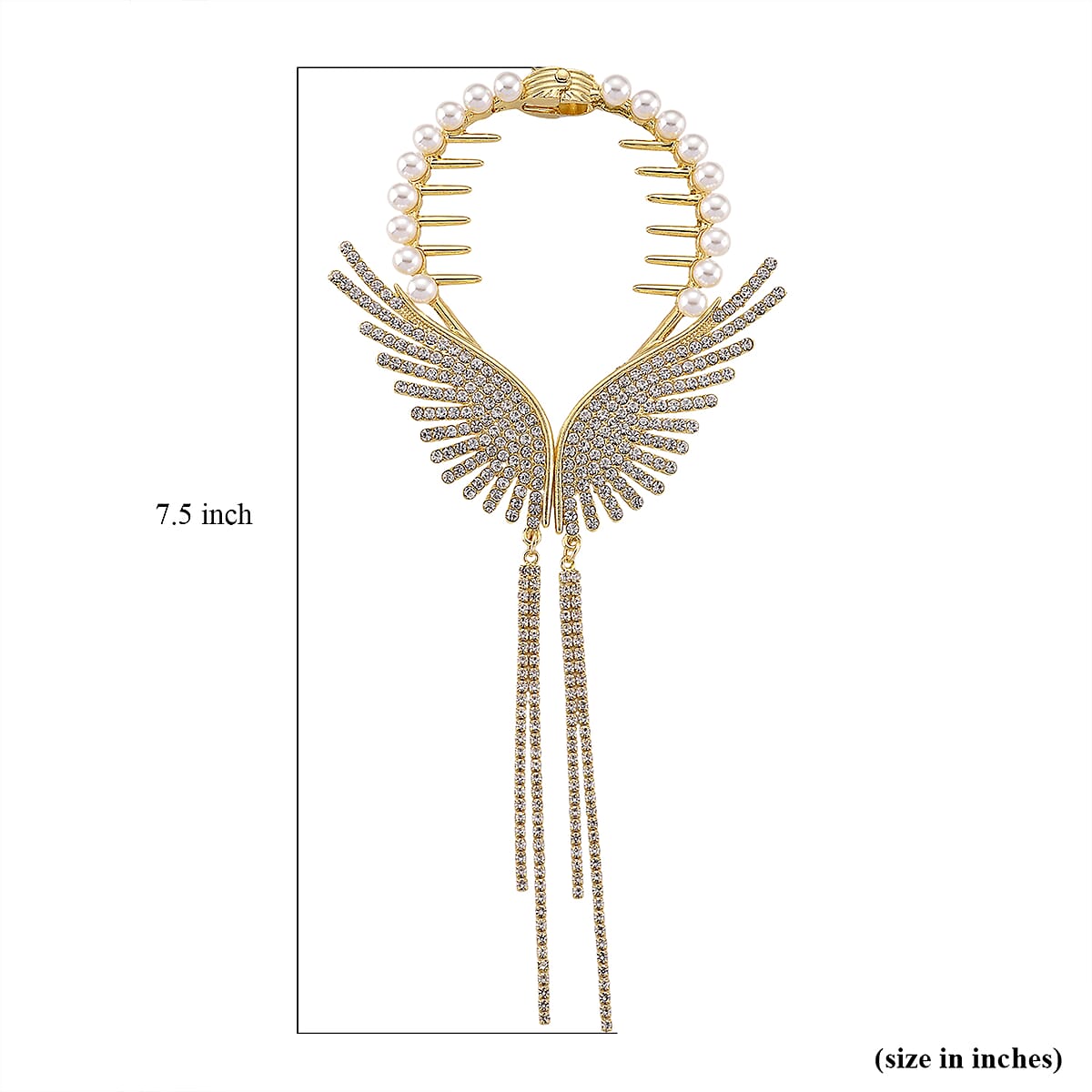 Simulated Pearl, Austrian Crystal Angel Wing Sparkle Hair Accessory in Goldtone image number 4