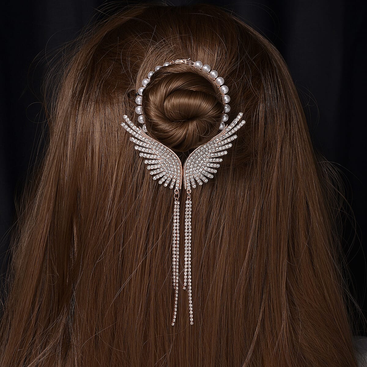 Simulated Pearl, Austrian Crystal Angel Wing Sparkle Hair Accessory in Rosetone image number 1