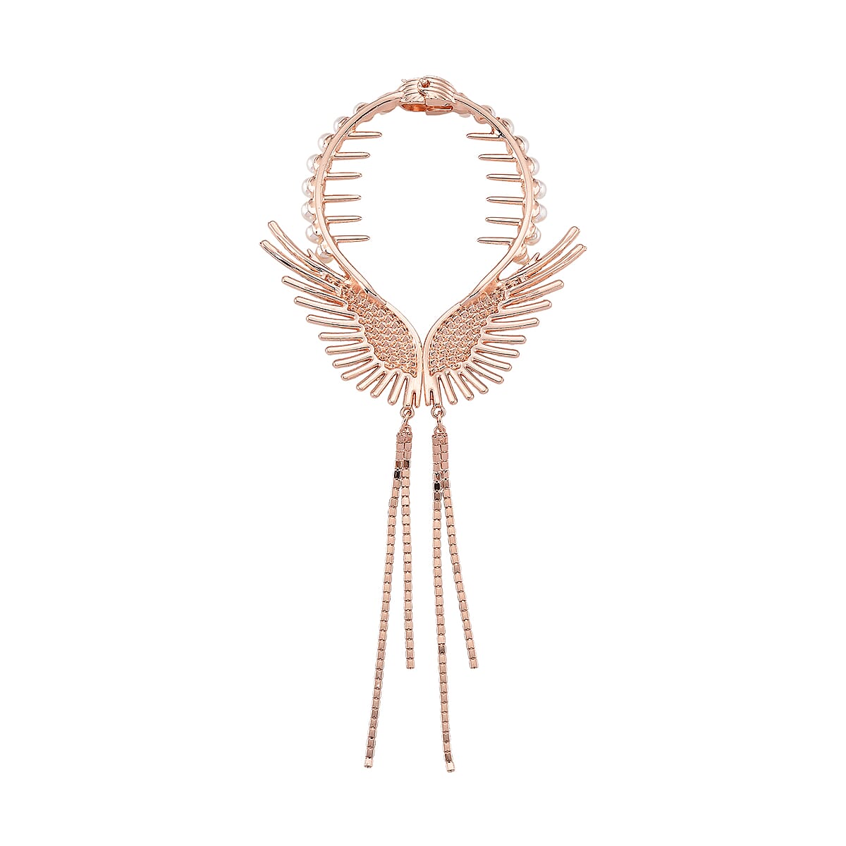 Simulated Pearl, Austrian Crystal Angel Wing Sparkle Hair Accessory in Rosetone image number 2