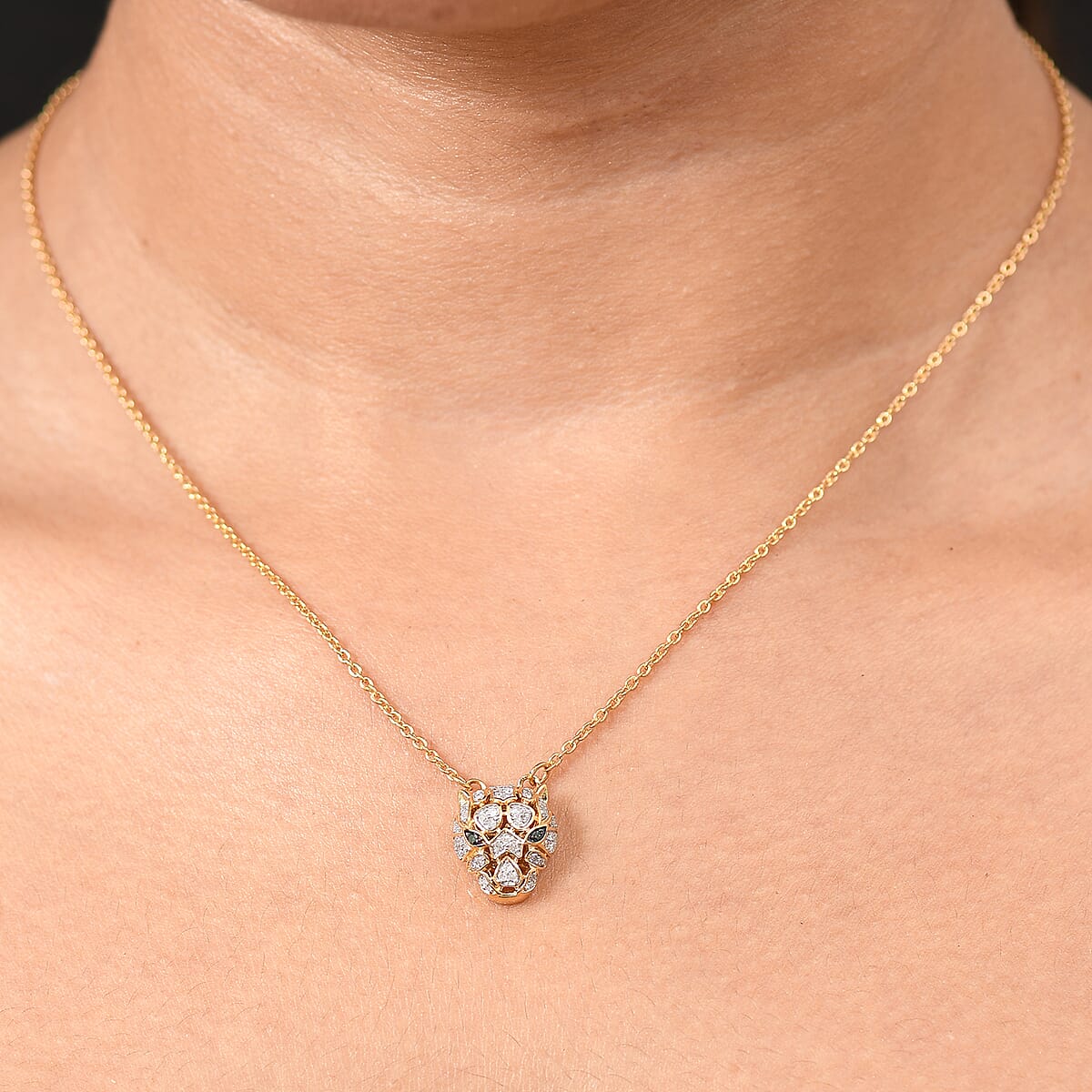 GP Trionfo Collection Green and White Diamond 0.25 ctw Tiger Necklace 18 Inches in 18K Vermeil Yellow Gold Over Sterling Silver image number 2