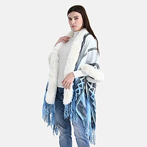 Tamsy Black Kite Shape Embroidered Poncho with Faux Fur Trime and Fringe
