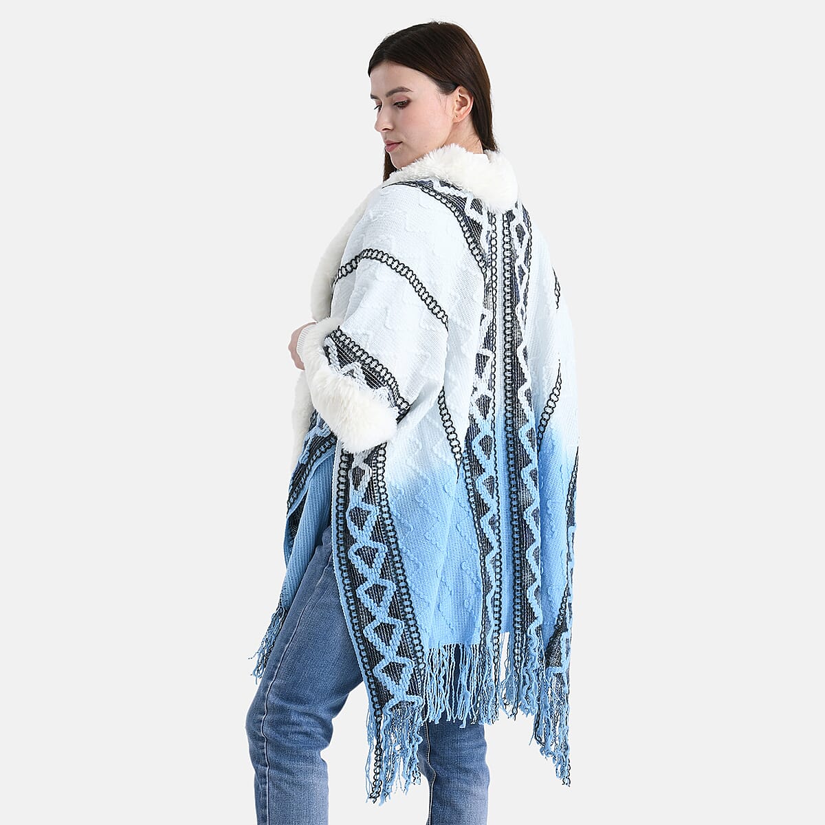 Tamsy Black Kite Shape Embroidered Poncho with Faux Fur Trime and Fringe image number 1