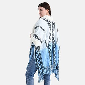 Tamsy Black Kite Shape Embroidered Poncho with Faux Fur Trime and Fringe