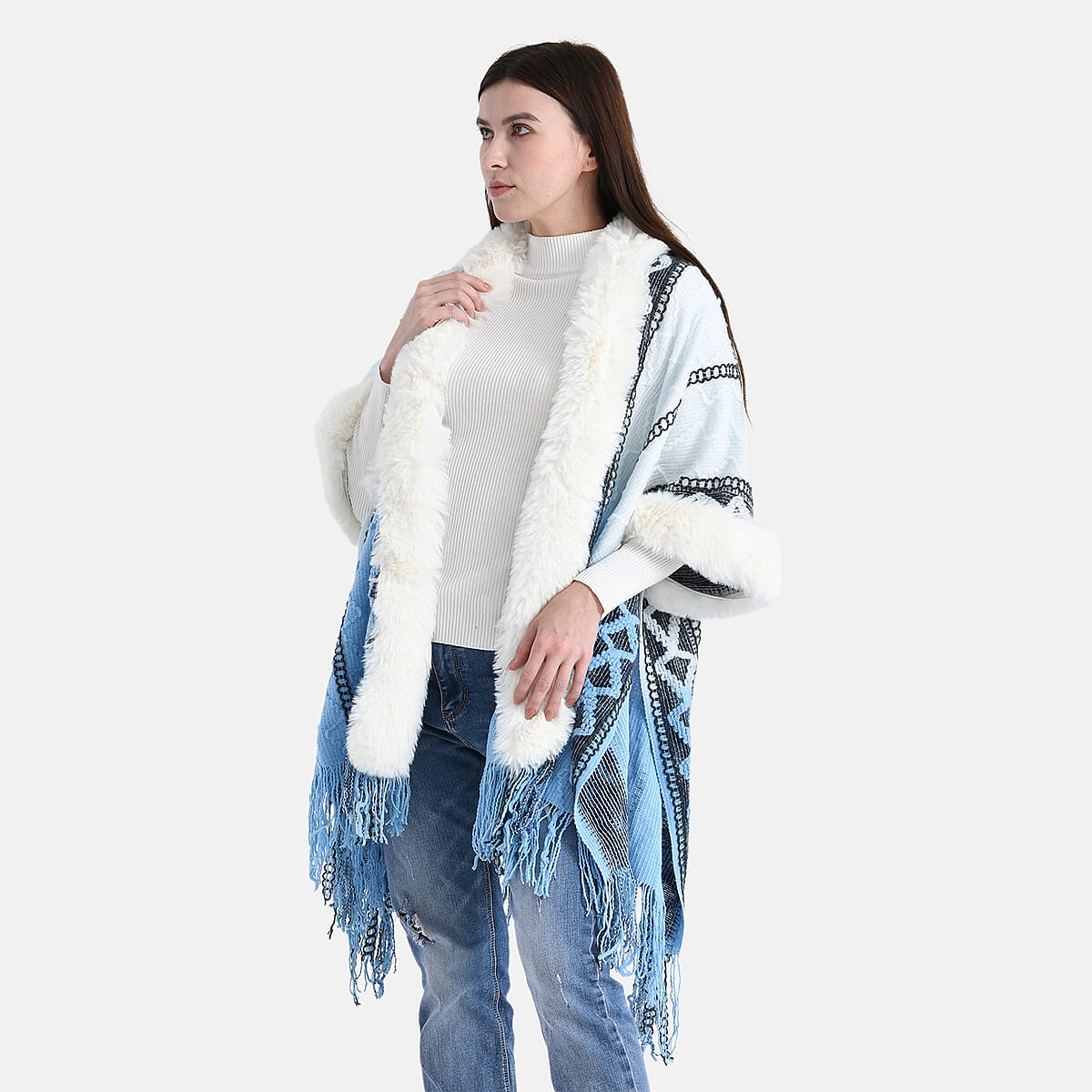 Tamsy Black Kite Shape Embroidered Poncho with Faux Fur Trime and Fringe image number 2