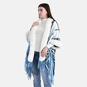 Tamsy Black Kite Shape Embroidered Poncho with Faux Fur Trime and Fringe