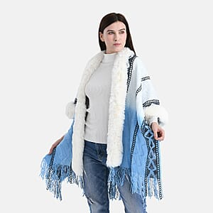 Tamsy Black Kite Shape Embroidered Poncho with Faux Fur Trime and Fringe