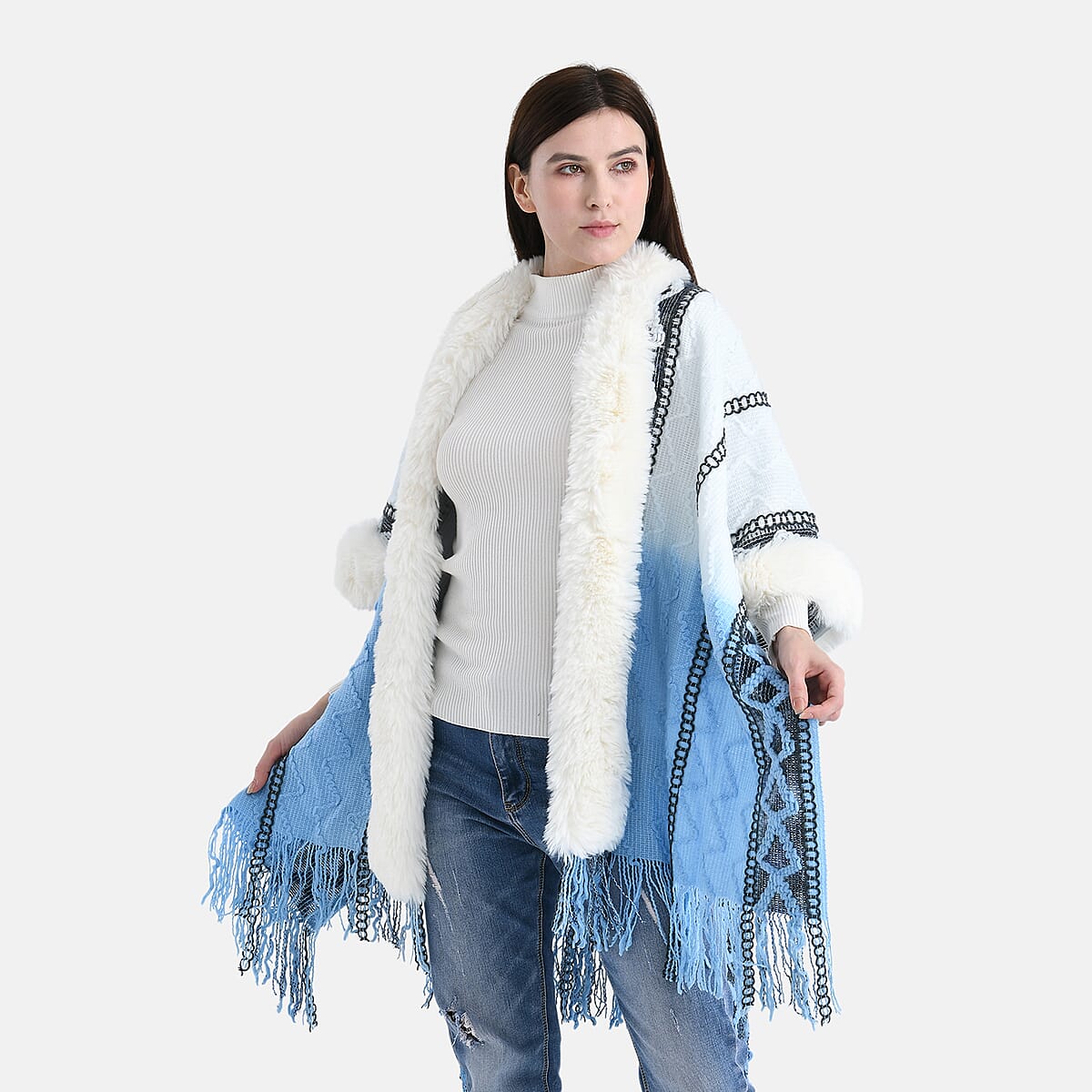 Tamsy Black Kite Shape Embroidered Poncho with Faux Fur Trime and Fringe image number 4