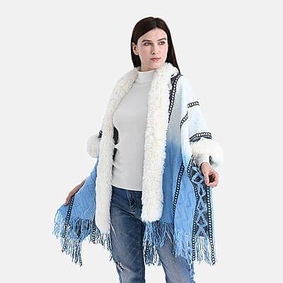 Tamsy Black Kite Shape Embroidered Poncho with Faux Fur Trime and Fringe