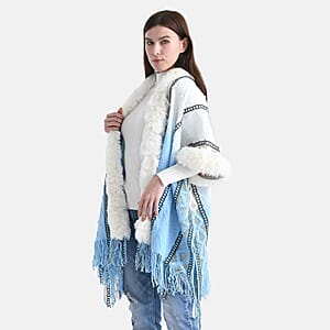 Tamsy Gold Kite Shape Embroidered Poncho with Faux Fur Trime and Fringe