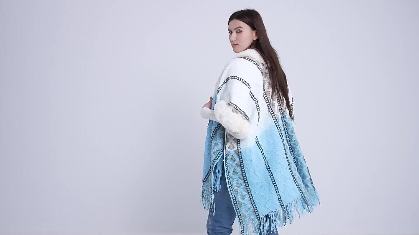 Tamsy Black Kite Shape Embroidered Poncho with Faux Fur Trime and Fringe