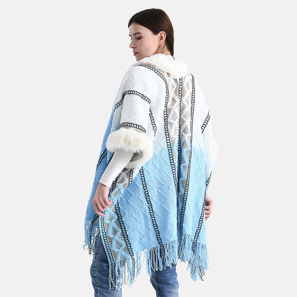 Tamsy Gold Kite Shape Embroidered Poncho with Faux Fur Trime and Fringe image number 1