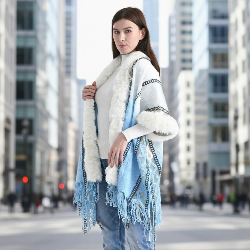 Tamsy Gold Kite Shape Embroidered Poncho with Faux Fur Trime and Fringe