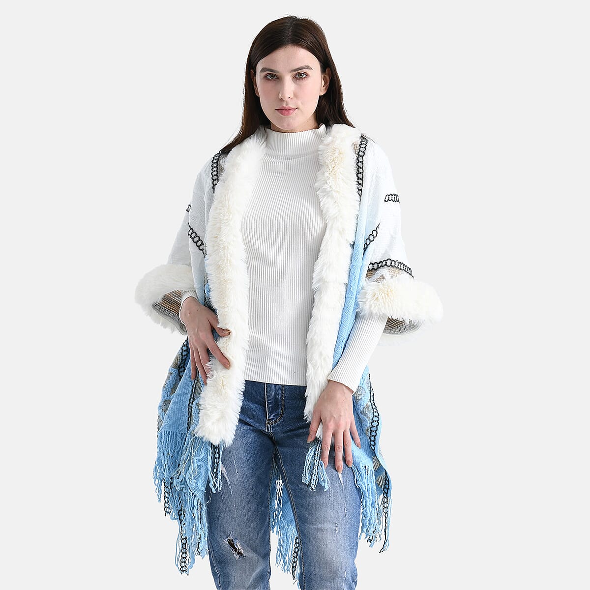 Tamsy Gold Kite Shape Embroidered Poncho with Faux Fur Trime and Fringe image number 2