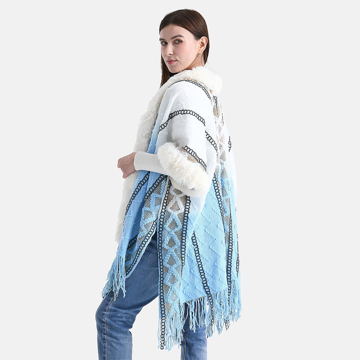 Tamsy Gold Kite Shape Embroidered Poncho with Faux Fur Trime and Fringe image number 3