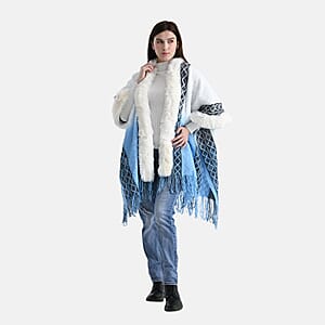 TAMSY Blue with Black Rhombus Embroidered Poncho with Faux Fur Trim and Fringe - One Size Fits Most
