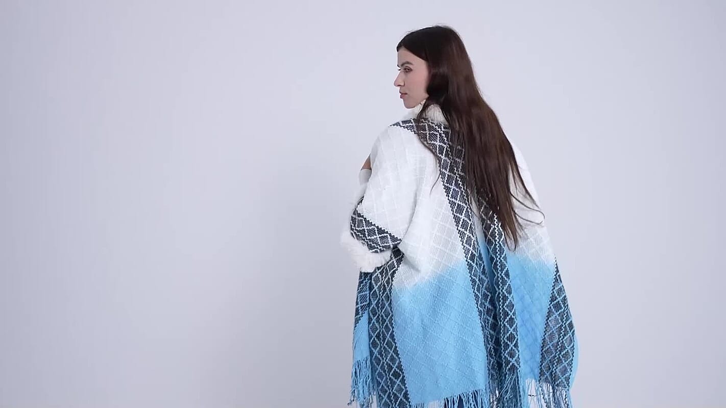 Tamsy Black Rhombus Shape Embroidered Poncho with Faux Fur Trime and Fringe - One Size Fits Most