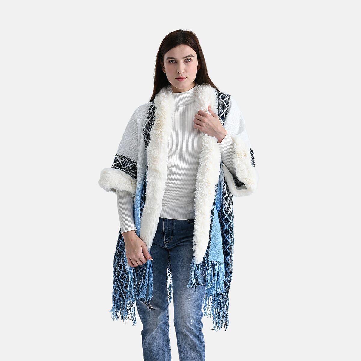 TAMSY Blue with Black Rhombus Embroidered Poncho with Faux Fur Trim and Fringe - One Size Fits Most image number 2
