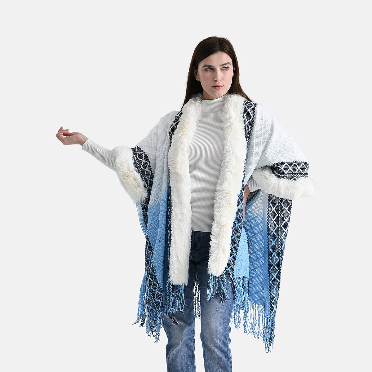 TAMSY Blue with Black Rhombus Embroidered Poncho with Faux Fur Trim and Fringe - One Size Fits Most image number 3
