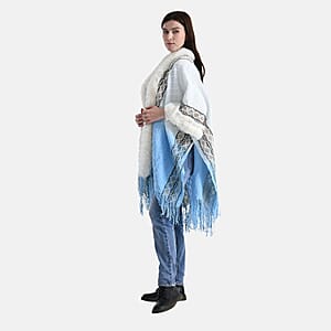 TAMSY Blue with Gold Rhombus Embroidered Poncho with Faux Fur Trim and Fringe - One Size Fits Most