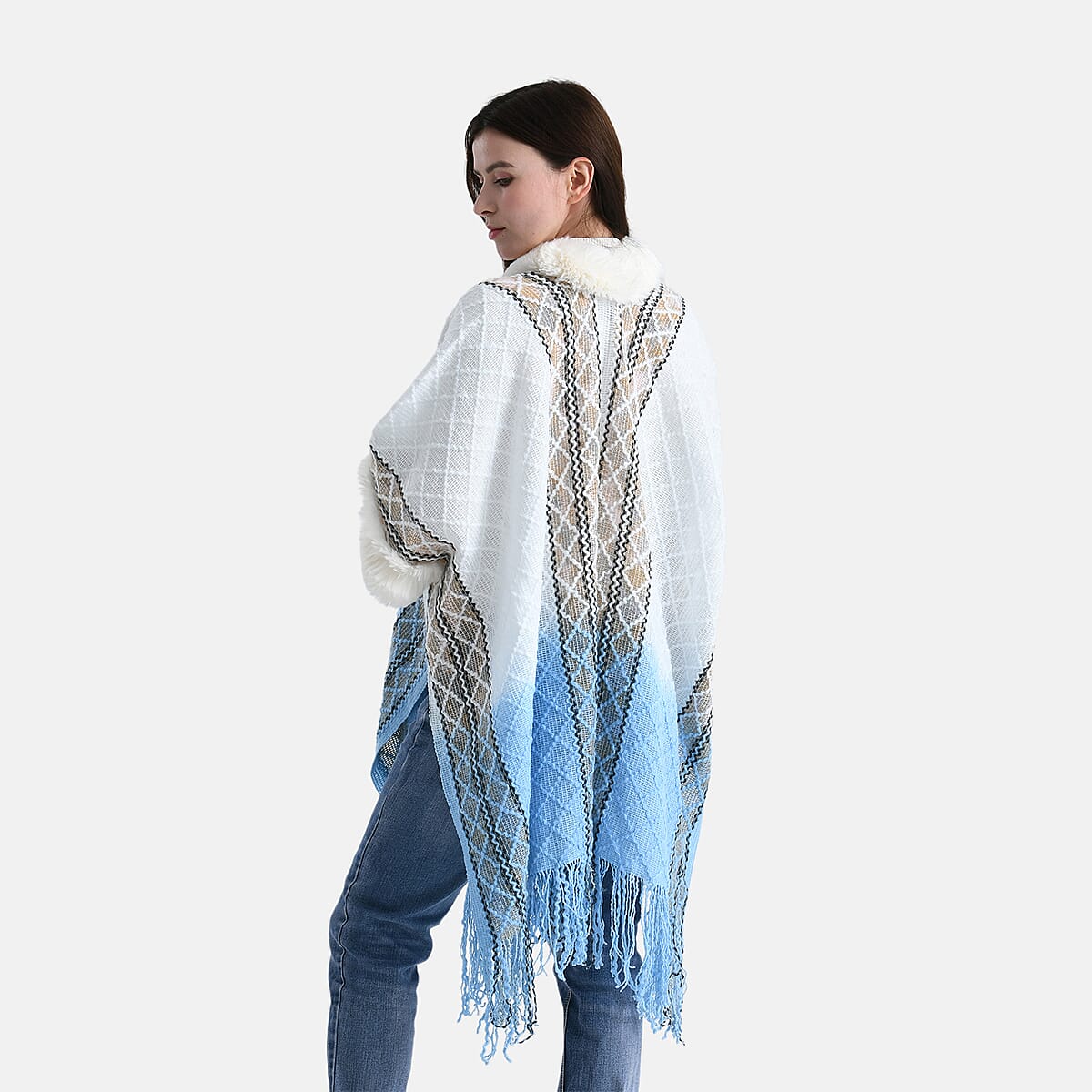 TAMSY Blue with Gold Rhombus Embroidered Poncho with Faux Fur Trim and Fringe - One Size Fits Most image number 1