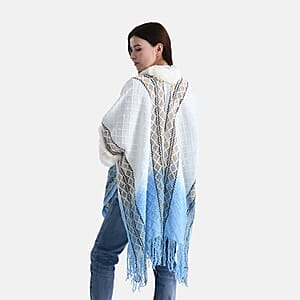 TAMSY Blue with Gold Rhombus Embroidered Poncho with Faux Fur Trim and Fringe - One Size Fits Most