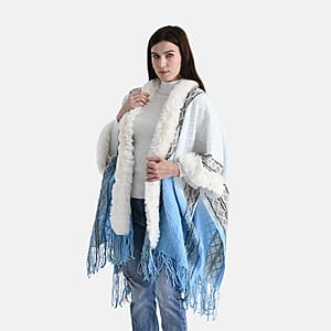 TAMSY Blue with Gold Rhombus Embroidered Poncho with Faux Fur Trim and Fringe - One Size Fits Most