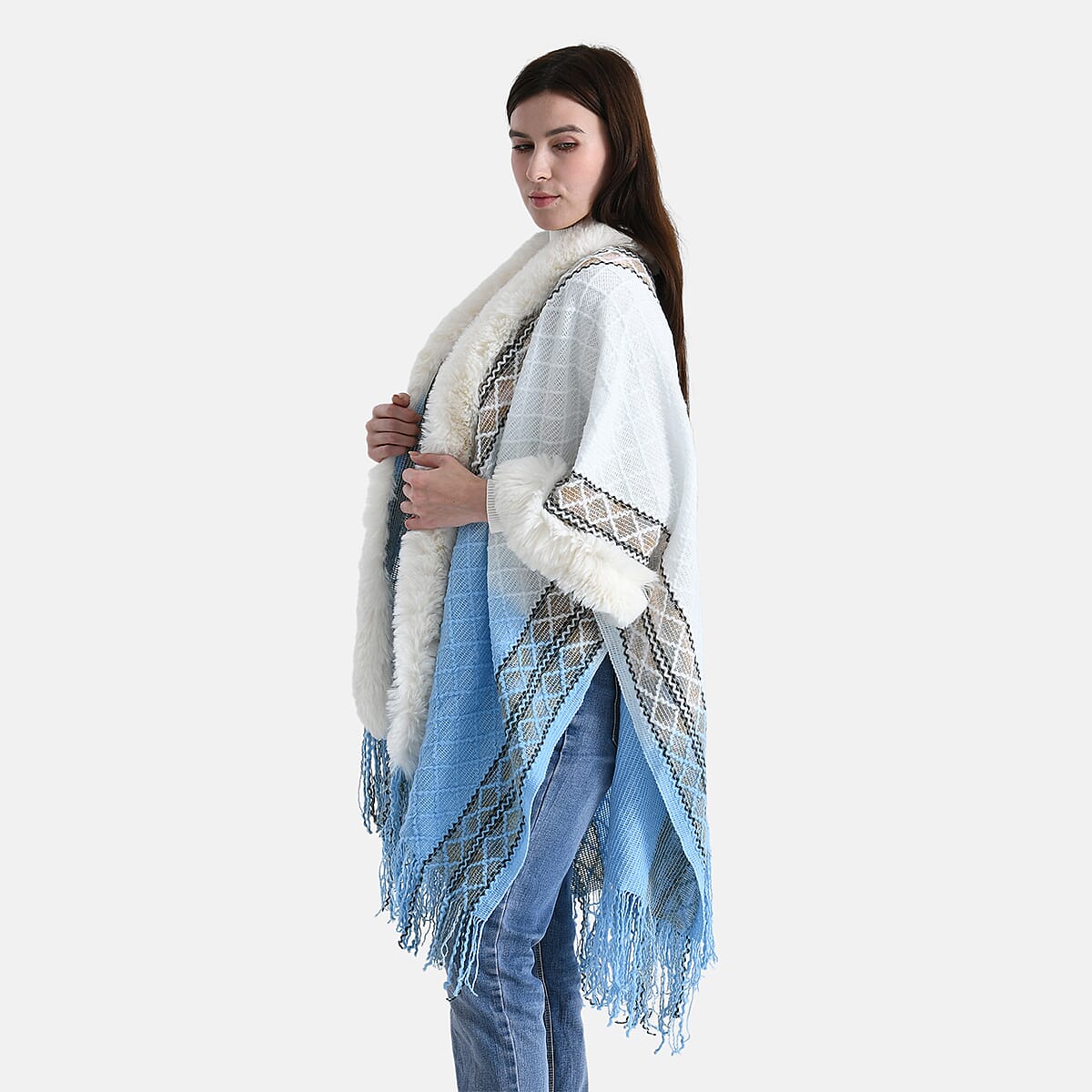 TAMSY Blue with Gold Rhombus Embroidered Poncho with Faux Fur Trim and Fringe - One Size Fits Most image number 3