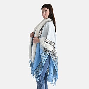 TAMSY Blue with Gold Rhombus Embroidered Poncho with Faux Fur Trim and Fringe - One Size Fits Most