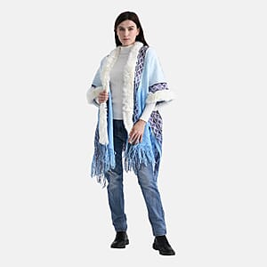 TAMSY Blue with Purple Rhombus Embroidered Poncho with Faux Fur Trim and Fringe - One Size Fits Most