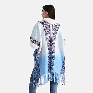TAMSY Blue with Purple Rhombus Embroidered Poncho with Faux Fur Trim and Fringe - One Size Fits Most