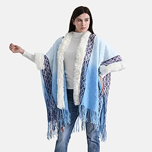 TAMSY Blue with Purple Rhombus Embroidered Poncho with Faux Fur Trim and Fringe - One Size Fits Most