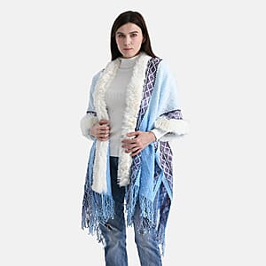 TAMSY Blue with Purple Rhombus Embroidered Poncho with Faux Fur Trim and Fringe - One Size Fits Most