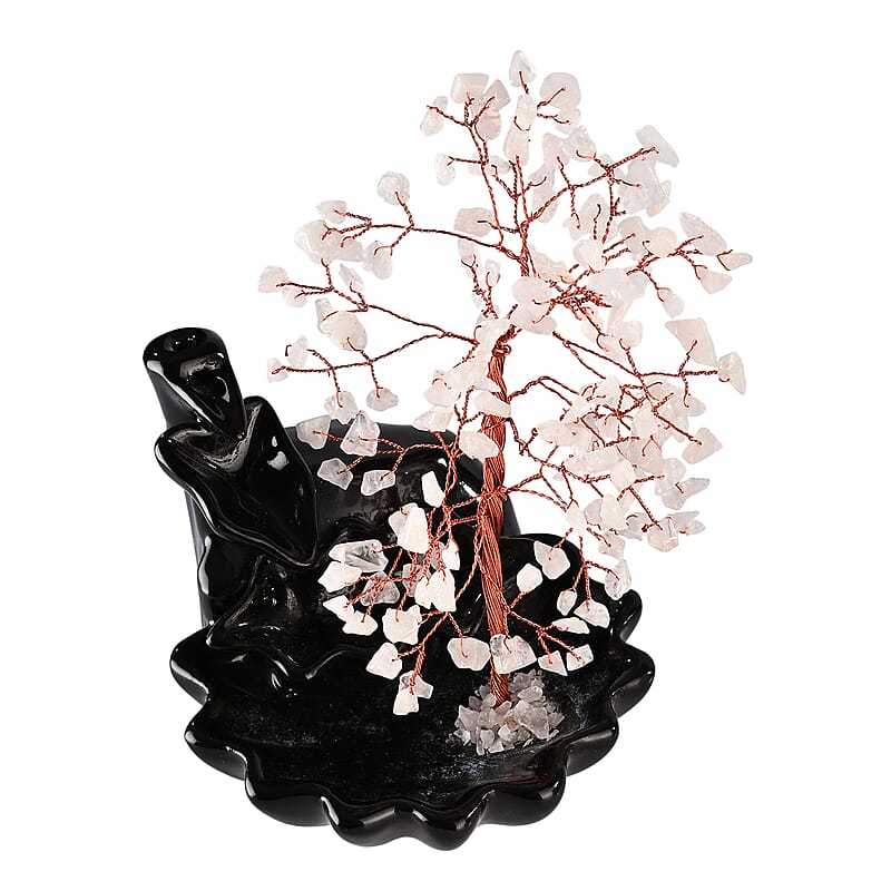 Backflow Incense Burner with Rose Quartz Tree Back Flow Incense Holder with 30 Incense cones Tree - 150 Beads
