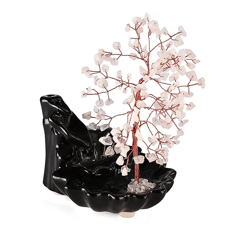 Backflow Incense Burner with Rose Quartz Tree Back Flow Incense Holder with 30 Incense cones Tree - 150 Beads