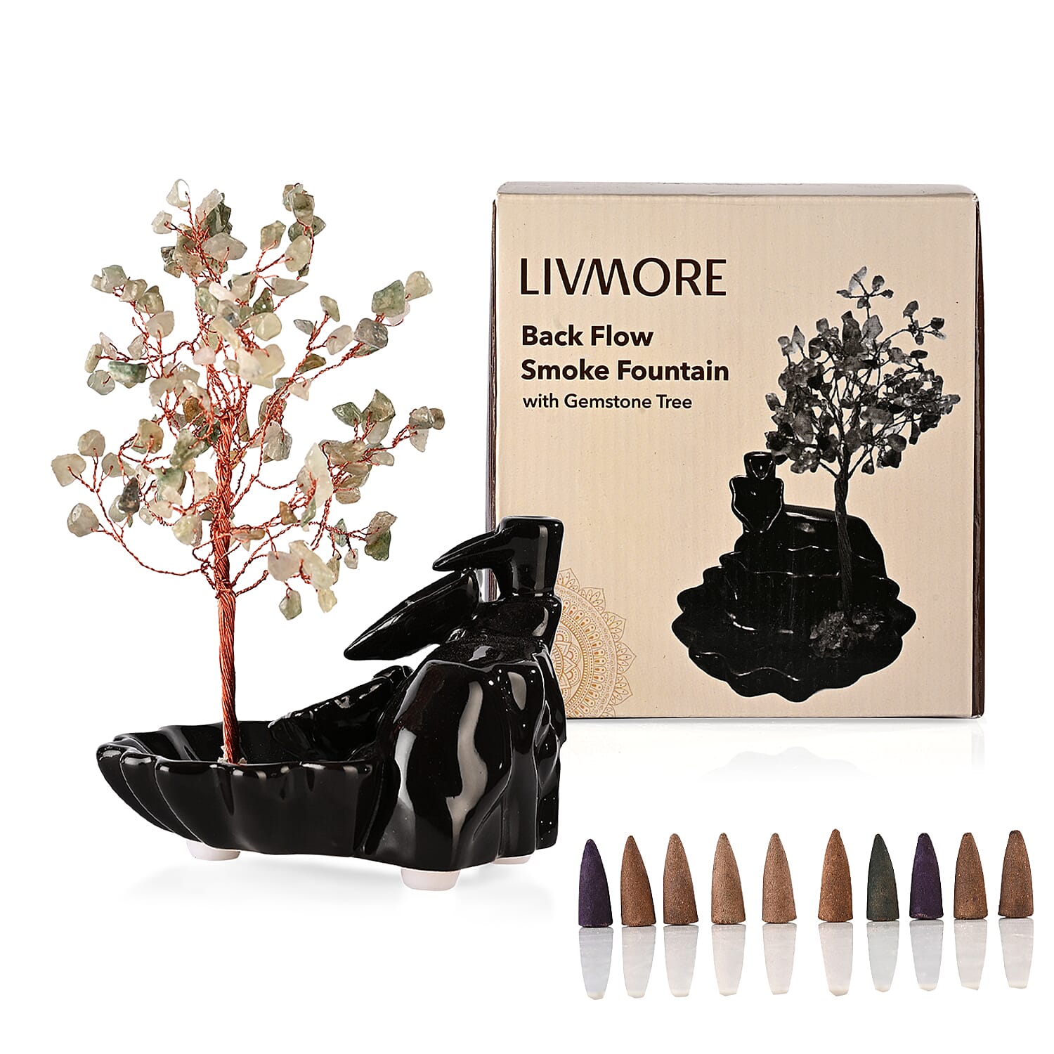 Backflow Incense Burner with Green Aventurine Tree Back Flow Incense Holder with 30 Incense cones Tree - 150 Beads