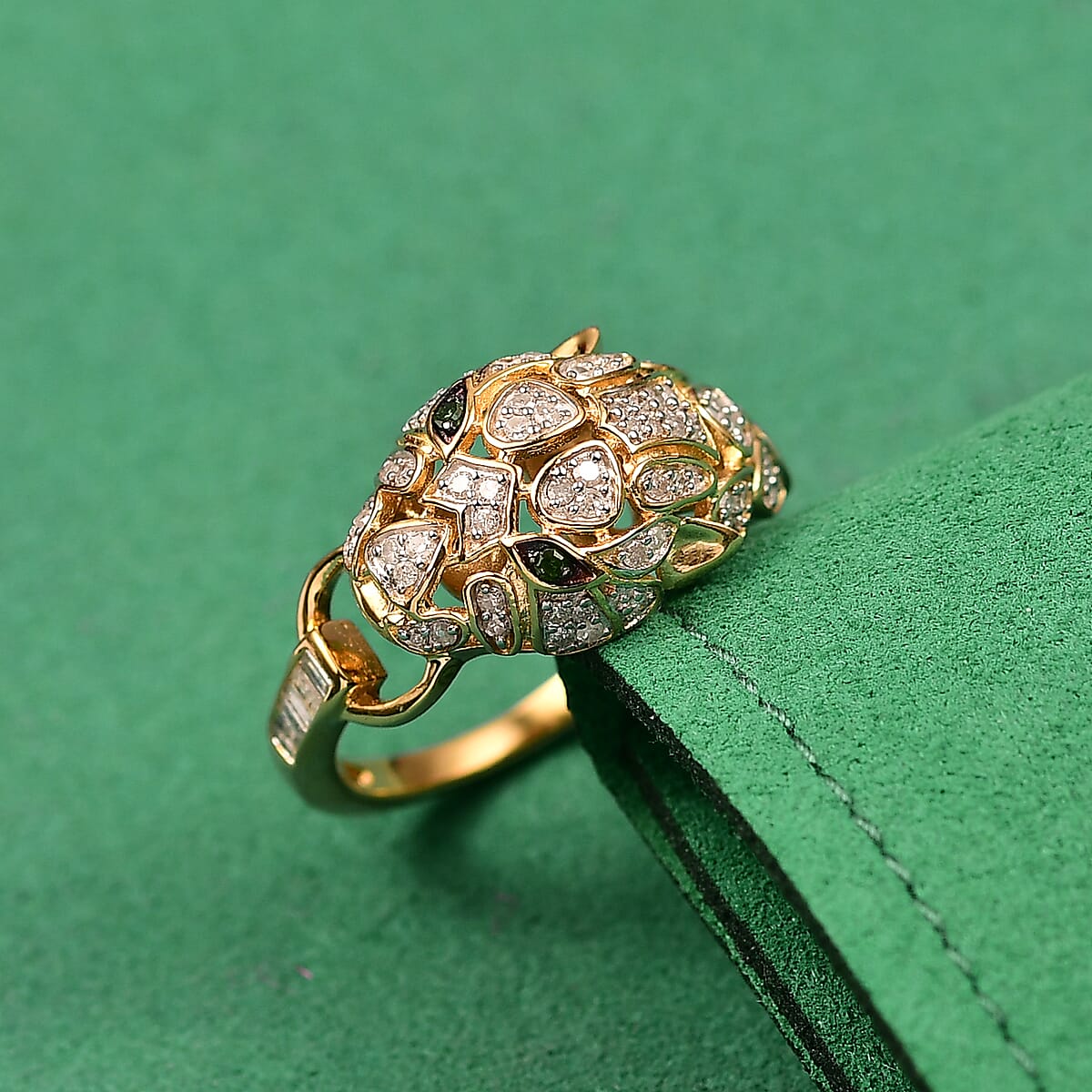 GP Trionfo Collection Green and White Diamond 0.40 ctw Tiger Ring in 18K Vermeil Yellow Gold Over Sterling Silver (Size 7.0) image number 1
