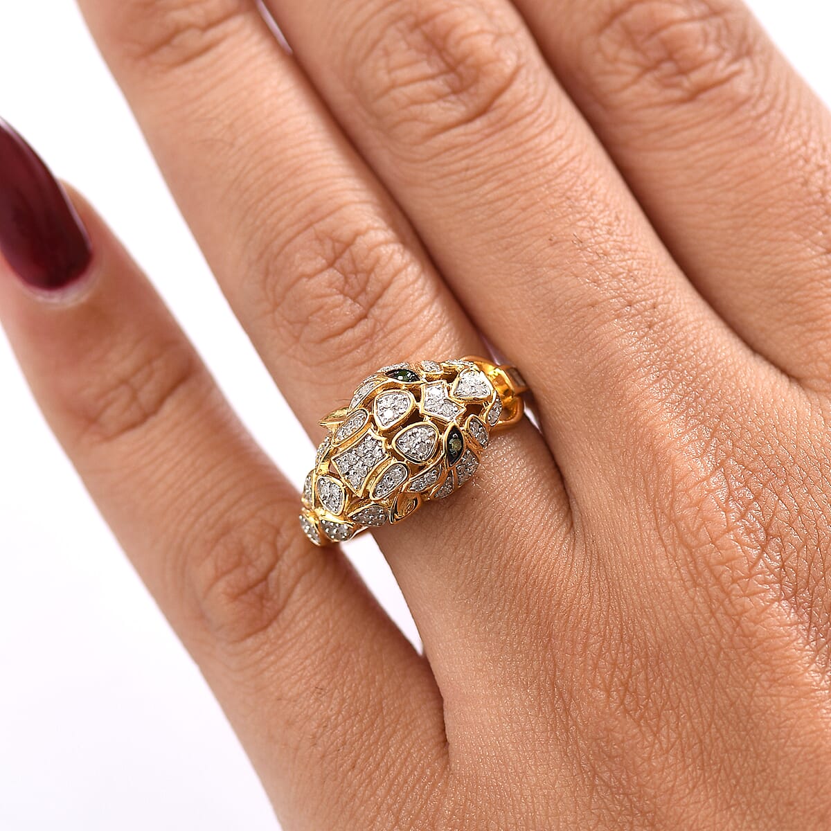 GP Trionfo Collection Green and White Diamond 0.40 ctw Tiger Ring in 18K Vermeil Yellow Gold Over Sterling Silver (Size 7.0) image number 2