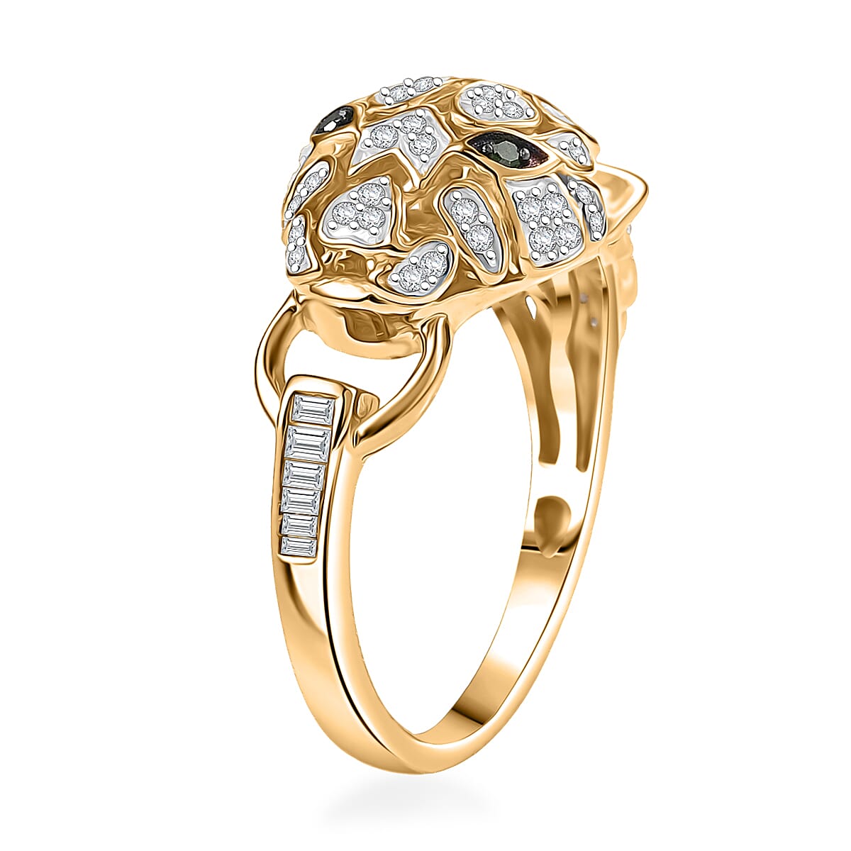 GP Trionfo Collection Green and White Diamond 0.40 ctw Tiger Ring in 18K Vermeil Yellow Gold Over Sterling Silver (Size 7.0) image number 4
