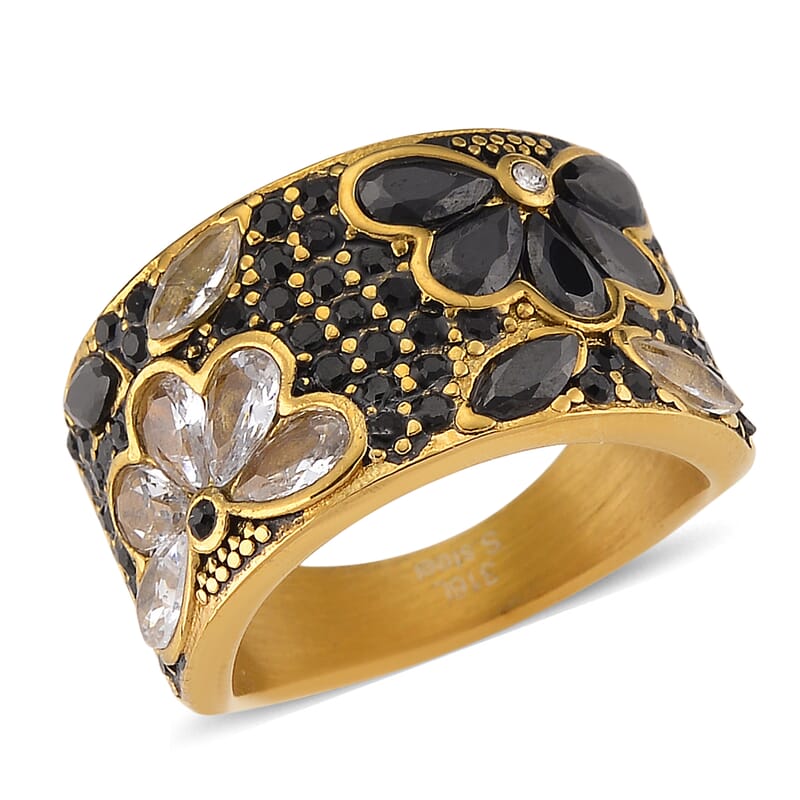 Thai Black Spinel 2.00 ctw and Austrian Crystal Ring in ION Plated YG Stainless Steel (Size 10.0)
