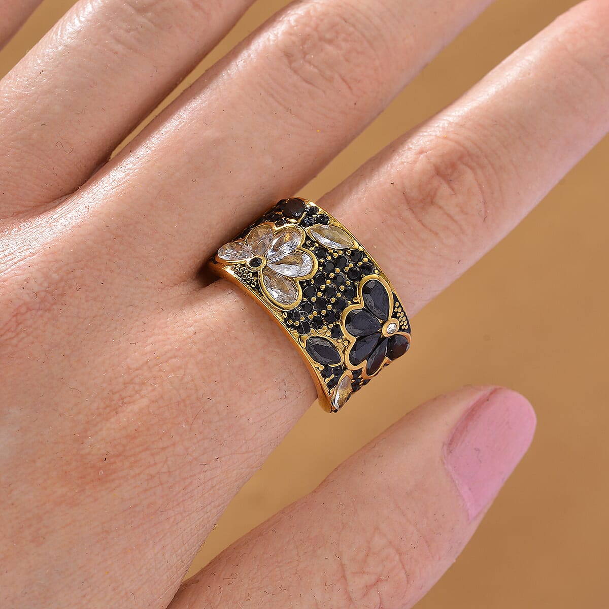 Thai Black Spinel 2.00 ctw and Austrian Crystal Ring in ION Plated YG Stainless Steel (Size 10.0) image number 1