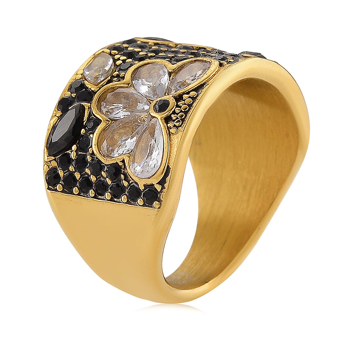 Thai Black Spinel 2.00 ctw and Austrian Crystal Ring in ION Plated YG Stainless Steel (Size 10.0) image number 2