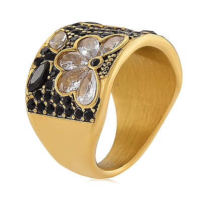 Thai Black Spinel 2.00 ctw and Austrian Crystal Ring in ION Plated YG Stainless Steel (Size 10.0)