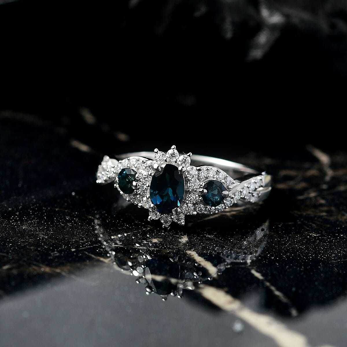 D'Joy Premium Monte Belo Indicolite and Moissanite 1.10 ctw Ring in Rhodium Over Sterling Silver (Size 6.0) image number 1