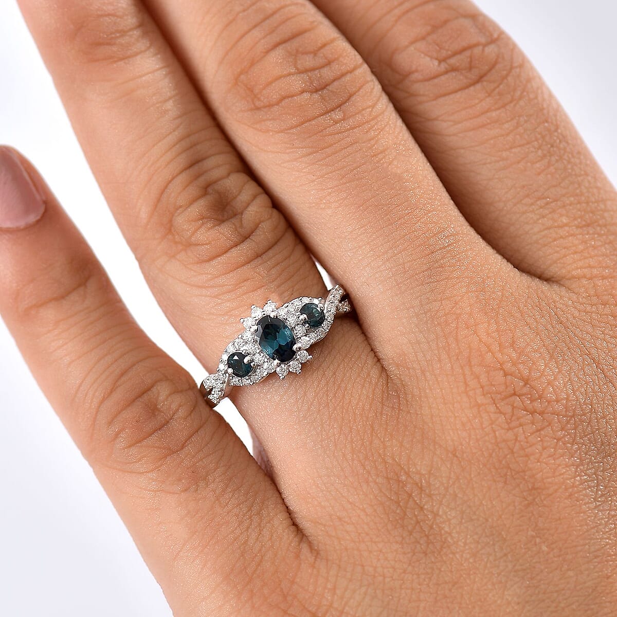 D'Joy Premium Monte Belo Indicolite and Moissanite 1.10 ctw Ring in Rhodium Over Sterling Silver (Size 6.0) image number 2