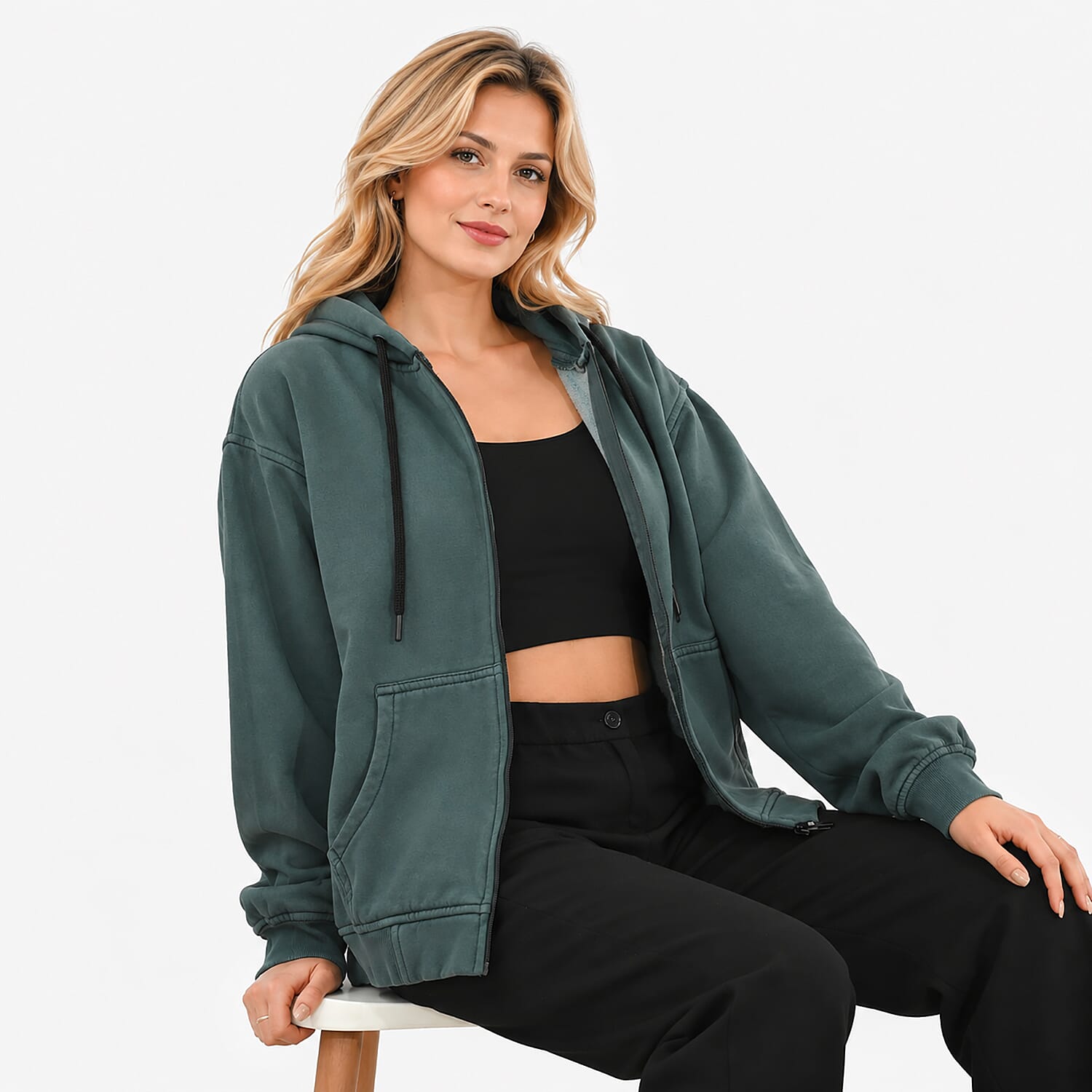 Forest Stone Washed Jacket with Pockets and Zipper - L
