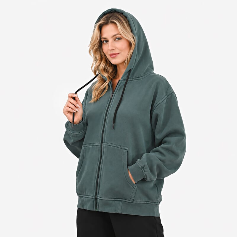 Forest Stone Washed Jacket with Pockets and Zipper - L